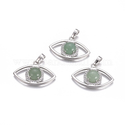 Natural Green Aventurine Pendants, with Platinum Tone Brass Findings and Crystal Rhinestone, Eye, 21.5x33.3x7.5mm, Hole: 7x5mm