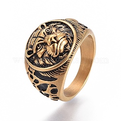 304 anello con sigillo in acciaio inossidabile per uomo, ampi anelli banda, piatta e rotonda con leone, oro antico, formato 7~12, 17~22mm