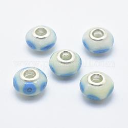 Perles européennes artisanales en pâte de polymère, avec noyaux en laiton plaqué couleur argent, Perles avec un grand trou   , rondelle avec motif rond plat, bleu profond du ciel, 13~16x8~11mm, Trou: 4.5~5mm
