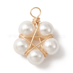 Pendenti avvolti in filo di rame con perle di conchiglia, charms stella, oro, 27~28x20.5~21x8mm, Foro: 2.5~3 mm
