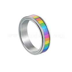 Anello rotante rettangolo smaltato con bandiera dell'orgoglio color arcobaleno, anello spinner fidge in acciaio inossidabile per alleviare l'ansia da stress, colore acciaio inossidabile, misura degli stati uniti 11 (20.6mm)