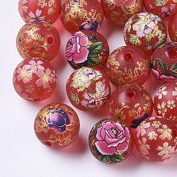 Perline in resina stampata, smerigliato, tondo con motivo floreale, rosso, 17mm, Foro: 2 mm