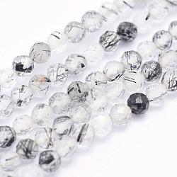 Naturale nero rutilato perle di quarzo fili, tondo, sfaccettato, 2mm, Foro: 0.5 mm, circa 174pcs/filo, 15.5 pollice (39.5 cm)