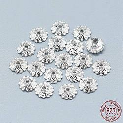 925 Sterling Silver Bead Caps, 6-Petal, Flower, Silver, 8x2mm, Hole: 1.2mm