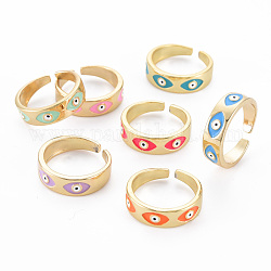 Real 16K Gold Plated Brass Enamel Cuff Rings, Evil Eyel Open Rings for Girl Women, Nickel Free, Mixed Color, US Size 7 1/2(17.7mm)