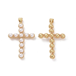 Ciondoli di perle imitazione plastica, con accessori di ottone, fascino incrociato, vero placcato oro 18k, 39.5x26.5x5.5mm, Foro: 4x5.5 mm
