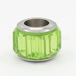 Glass European Beads, Large Hole Drum Beads, with 304 Stainless Steel Core, Faceted, Lawn Green, 7x9mm, Hole: 5mm