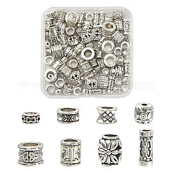Perline in lega di stile tibetano 80 pz 8 stili, perline con foro grande, forme misto, argento antico, 6~13x4~10.7mm, Foro: 1.6~6.3 mm, 10pcs / style