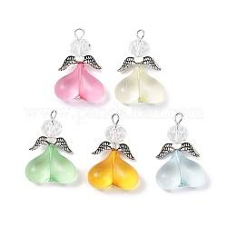 Acrylic Pendants, with Alloy Finding and Glass Beads, Angel, Mixed Color, Antique Silver, 33~33.5x22x9.5mm, Hole: 2.8mm