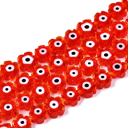 Chapelets de perles vernissées manuelles, fleur avec le mauvais œil, rouge, 6~7x6~7.5x3mm, Trou: 0.7mm, Environ 63~65 pcs/chapelet, 15.75 pouce ~ 15.94 pouces (40~40.5 cm)