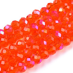 FilI di perline in vetro placcato, mezzo arcobaleno placcato, sfaccettato, rondelle, arancio rosso, 6x5mm, Foro: 1 mm, circa 85~88pcs/filo, 16.1~16.5 pollice (41~42 cm)