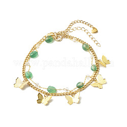 Natural Green Agate Beads Anklets Set for Girl Women, Butterfly Charms Anklets, 8-7/8 inch(22.5cm), 9-1/8 inch(23cm), 2pcs/set