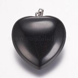 Natur schwarzen Stein Edelsteinanhänger, Herz, Platin Farbe, 32.5~34x30x12 mm, Bohrung: 5x8 mm
