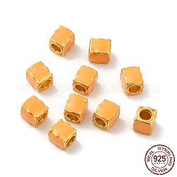 Couleur or mat 925 perles en argent sterling, avec l'émail, carrée, orange, 3x2.5x2.5mm, Trou: 1.4mm