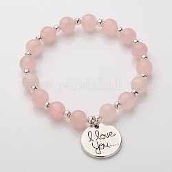 Flat Round with I Love You Natural Gemstone Beaded Charm Bracelets, with Tibetan Style Alloy Pendants, Rose Quartz, 52mm