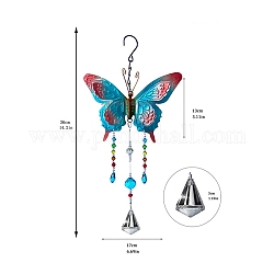 Metal Butterfly Wind Chimes, with Glass Charms, Hanging Ornaments, Deep Sky Blue, 360mm