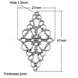 Alloy Links, Filigree Joiners, Lead Free and Nickel Free, Rhombus, Antique Silver, 47x27x2mm, Hole: 1.5mm