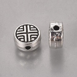 Tibetischer stil legierung perlen, Bleifrei und Nickel frei und Cadmiumfrei, Flachrund, Antik Silber Farbe, ca. 6.3 mm Durchmesser, 3.5 mm dick, Bohrung: 1 mm