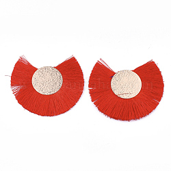 Polyester Tassel Big Pendant Decorations, with Iron Findings, Fan, Light Gold, Red, 55~65x70~80x2.5mm, Hole: 1mm
