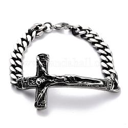 304 Pulseras de cadena de acero inoxidable acera enlazan pulseras, cruz crucifijo, facetados, para la Pascua, plata antigua, 8-5/8 pulgada (220 mm)