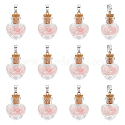 Unicraftale 12Pcs Heart Glass Bottle with Rose Quartz inside Pendants, with 304 Stainless Steel Findings, 31x22x11mm, Hole: 7x4mm