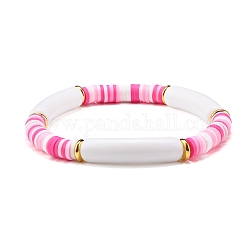 Bracciale elasticizzato con perline acriliche a tubo curvo per ragazze adolescenti, braccialetto di perle di argilla polimerica a disco, roso, diametro interno: 2-1/8 pollice (5.5 cm)
