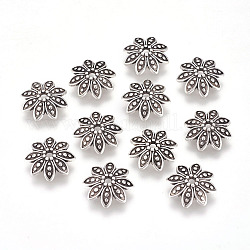 8-Petal Tibetan Style Alloy Flower Bead Caps, Cadmium Free & Nickel Free & Lead Free, Antique Silver, 14x3.5mm, Hole: 2mm