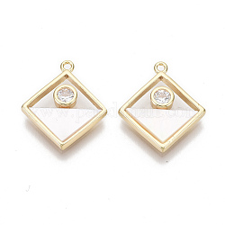 Brass Micro Pave Clear Cubic Zirconia Pendants, with Natural Shell, Rhombus, Real 18K Gold Plated, Nickel Free, Seashell Color, 17.5x15x2.5mm, Hole: 1mm, Side Length: 11mm