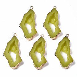 Pendentifs en résine druzy, Tranches d'agate druzy imitation géode, avec passants en fer plaqué or clair, pépites, jaune vert, 40.5~41.5x19.5x5.5mm, Trou: 1.6mm
