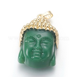 Glas-Anhänger, mit Messing-Zubehör, Buddha-Kopf, golden, grün, 40x26.5x16.5 mm, Bohrung: 5x8 mm
