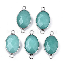 Natural White Jade Links/Connectors, Platinum Tone Brass Edge, Faceted Oval, Dark Turquoise, 27.5x14~15x6mm, Hole: 2mm