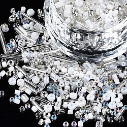 Perles de rocaille en verre, mixedstyle, formes mixtes, blanc crème, 1~7x2~4mm, Trou: 0.7~1mm, environ 450g / livre