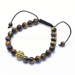 Bracciali con perline intrecciate regolabili con leone in lega in stile tibetano, con tigre naturale perle di occhio, oro antico, 2-1/4 pollice (57 mm)