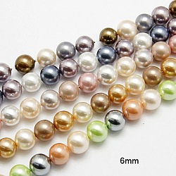 Grade AB Round Shell Pearl Colorful Beads Strands, Mixed Color, 6mm, Hole: 0.8mm