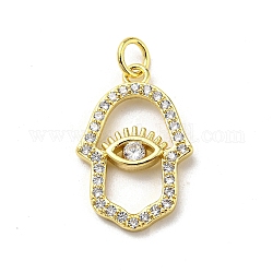 Brass Micro Pave Cubic Zirconia Pendants, Hamsa Hand with Eye, Real 16K Gold Plated, 21.5x14x2.4mm