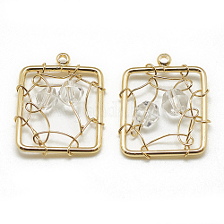 Brass Pendants, with Glass Beads, Rectangle, Real 18K Gold Plated, Clear, 19x15x5mm, Hole: 1mm