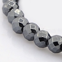 Faceted Round Non-magnetic Synthetic Hematite Beads Strands, Black, 4mm, Hole: 1mm, about 101pcs/strand, 16 inch