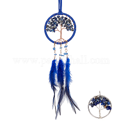Gorgecraft 2Pcs 2 Style Brass Woven Web/Net with Feather Pendant Decorations, wtih Tree of Life Natural Lapis Lazuli & Sodalite Chips, Platinum & Golden, Pendant Decorations: 500x71x9mm, Pendants: 36~36.5x30~31x5mm