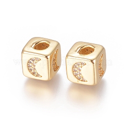 Brass Micro Pave Cubic Zirconia Beads, Long-Lasting Plated, Cube with Moon Pattern, Golden, Clear, Golden, 10x8x8.5mm, Hole: 1.5x3.5mm and 4mm
