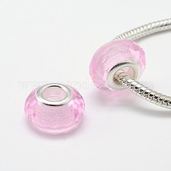 Faceted Glass Large Hole Rondelle European Beads, with Double Silver Color Brass Cores, Lavender Blush, 14x9mm, Hole: 4.5mm