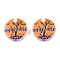 Perles en bois naturel imprimé halloween, plat rond avec mot bienvenue & citrouille & chauve-souris, orange foncé, 19~20x5.9mm, Trou: 2~2.2mm