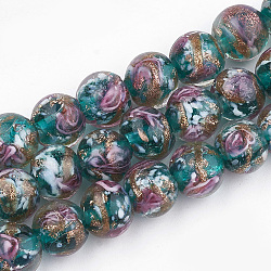 Perles vernissées de sable d'or manuelles , fleur intérieure, ronde, dark cyan, 10~10.5x9~10mm, Trou: 1.5~2mm