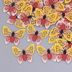 Bedruckte Messinganhänger, Verzierungen aus geätztem Metall, Schmetterling, rot, 15.5x19x0.3 mm, Bohrung: 1 mm