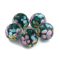 Runde Bunte Malerei-Perlen, Pflaumenblütenblattmuster, mit Loch, dunkelgrün, 12 mm, Bohrung: 1.8 mm