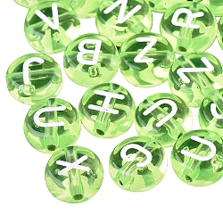 Transparente Acryl Perlen, flach rund mit weißen Mischbuchstaben, Rasen grün, 7x4 mm, Bohrung: 1.5 mm, ca. 1480 Stk. / 200 g