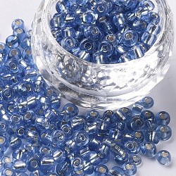 6/0 perline di vetro, foro tondo argento rivestito, tondo, blu royal, 4mm, Foro: 1.5 mm, circa 1000pcs/100g