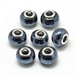 Handgemachte glasperlen murano glas großlochperlen, mit Messing-Doppelkerne, Großloch perlen, Rondell, Platin Farbe, Preußischblau, 13~14x10~11 mm, Bohrung: 5 mm