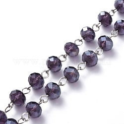 Handmade Electroplate Glass Beaded Chains, with Platinum Plated Iron Eye Pin, Unwelded, Indigo, 39.37 inch(100cm), Beads: 8x6mm