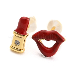 Асимметричные серьги-гвоздики с прозрачным фианитом для губ и губной помады, ювелирные изделия из латуни с эмалью из огнеупорного кирпича для женщин, долговечный, золотые, губы: 6x8 мм, помада: 8.5x3.5мм