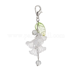 Décoration pendentif fleur en acrylique, avec perles de verre et fermoirs mousqueton en alliage de zinc, fumée blanche, 70mm